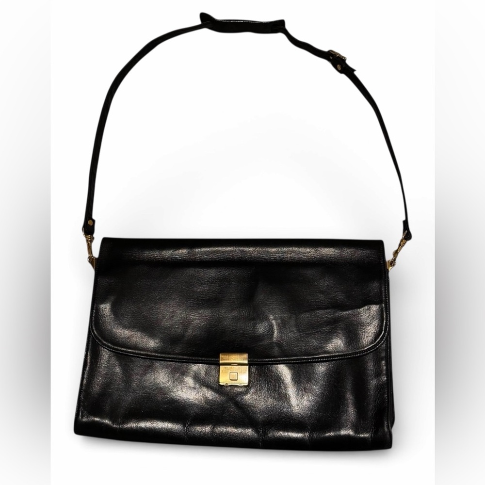 Classic Black Leather Shoulder Bag Briefcase with Gold Hardware